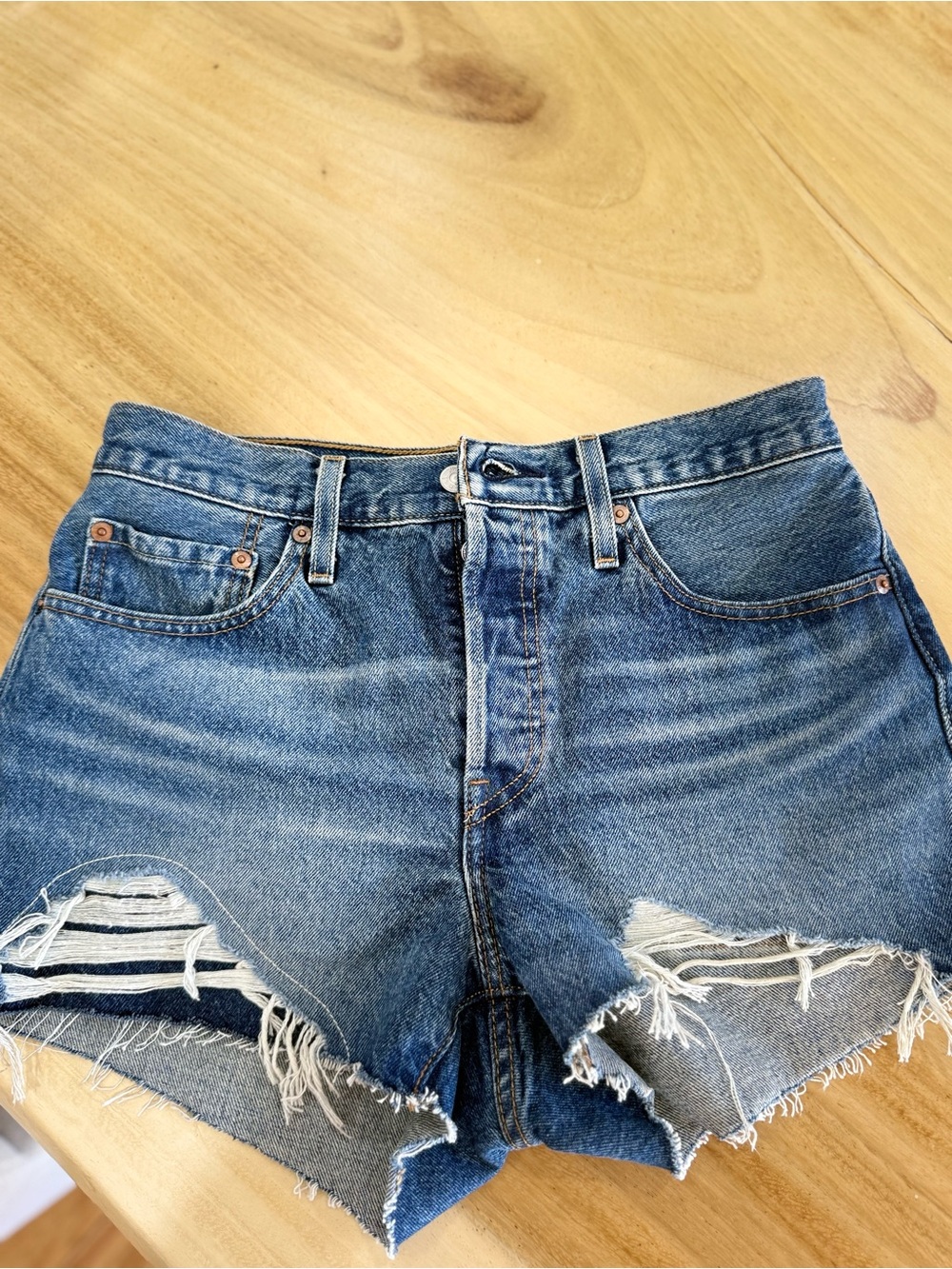 Levi's Distressed Mid-Blue Ripped Denim Shorts